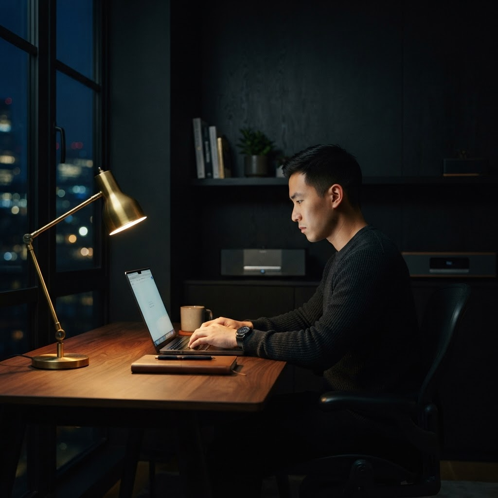 Empreendedor trabalhando no notebook em um escritório moderno